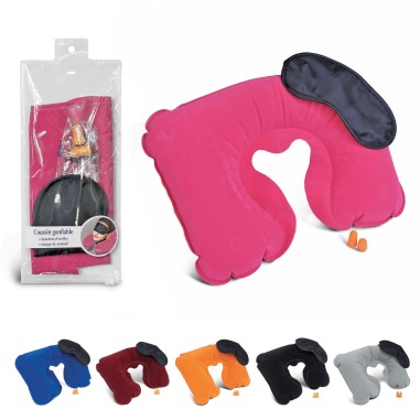 ENSEMBLE VOYAGE COUSSIN GONFLABLE+MASQUE+BOUCHONS+POCHETTE RANGEMENT