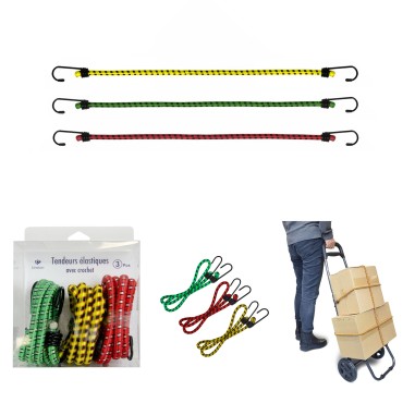LOT DE 3 TENDEURS ELASTIQUES AVEC CROCHET  EN BOITE