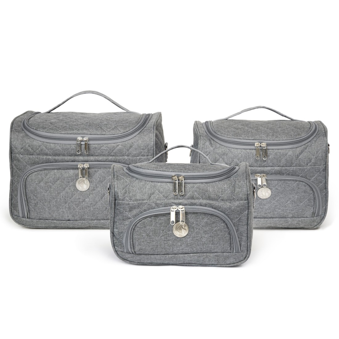 PARIS - SET DE 3 VANITYS TEXTILE GRIS, MULTIPOCHES ZIPPÉES