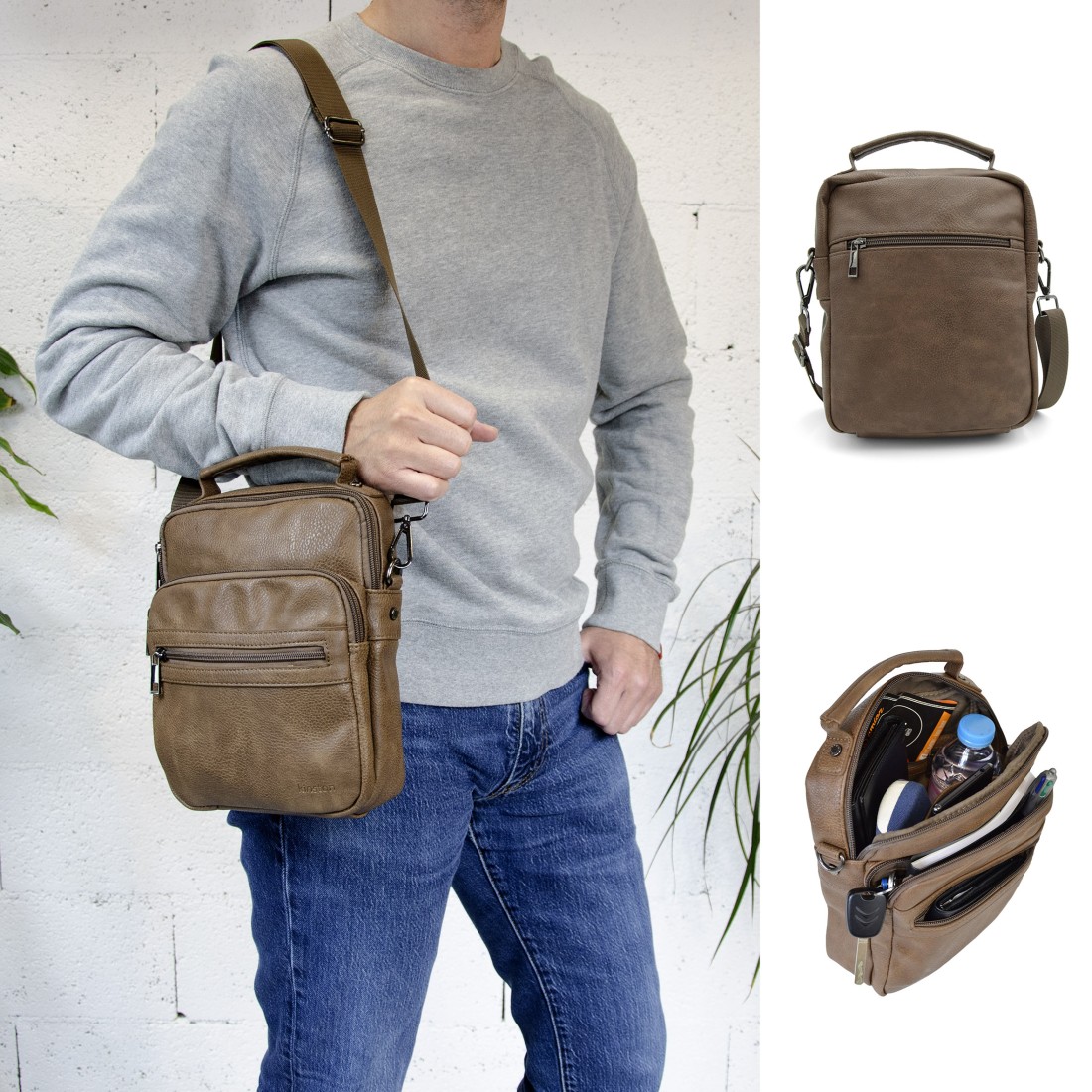 Léo - Sacoche Homme Marron avec 4 poches zippées