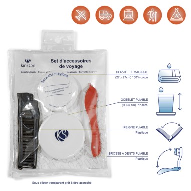 ENSEMBLE VOYAGE PEIGNE + BROSSE A DENT + GOBELET + SERVIETTE