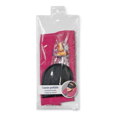 ENSEMBLE VOYAGE COUSSIN GONFLABLE+MASQUE+BOUCHONS+POCHETTE RANGEMENT
