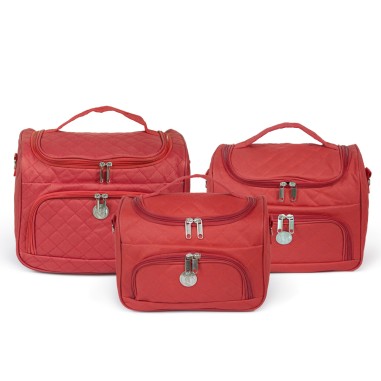MADRID - SET DE 3 VANITYS TEXTILE ROUGES, MULTIPOCHES ZIPPÉES
