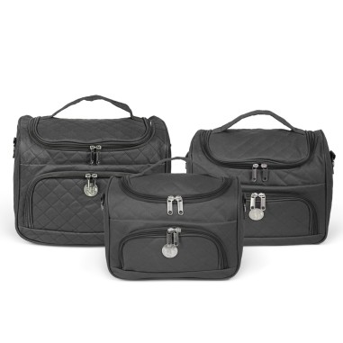 MADRID - SET DE 3 VANITYS TEXTILE NOIRS, MULTIPOCHES ZIPPÉES