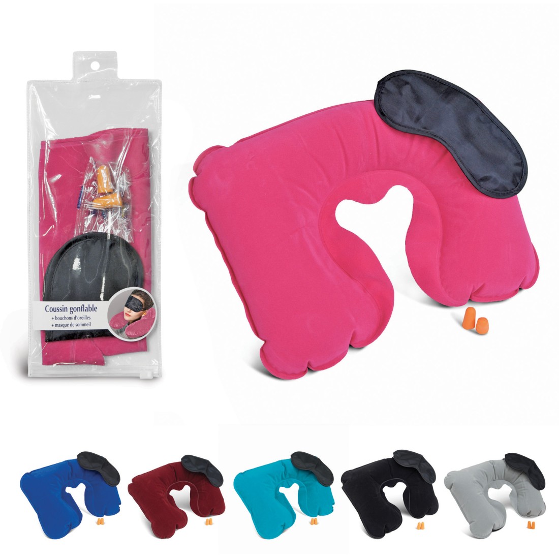 ENSEMBLE VOYAGE COUSSIN GONFLABLE+MASQUE+BOUCHONS+POCHETTE RANGEMENT