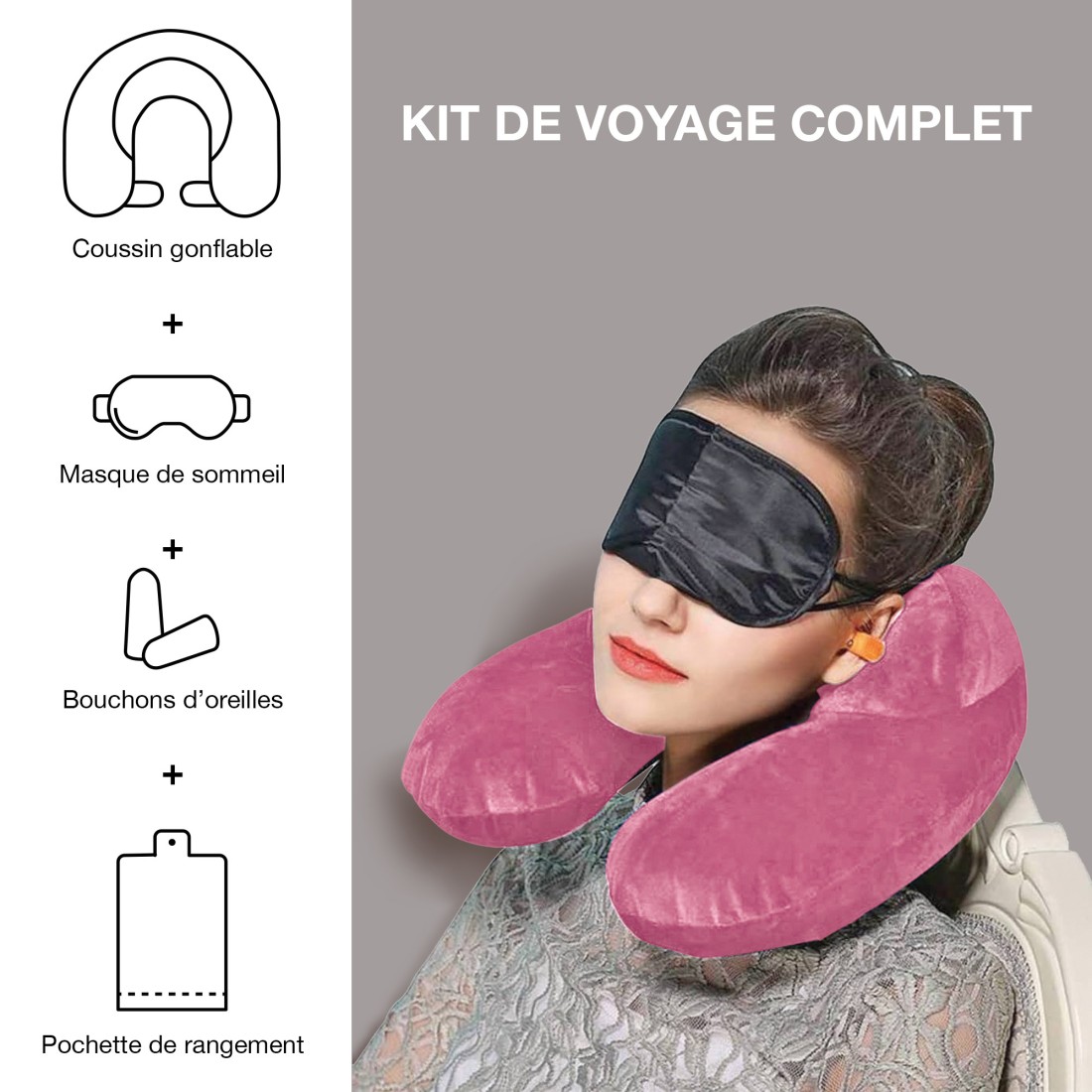 ENSEMBLE VOYAGE COUSSIN GONFLABLE+MASQUE+BOUCHONS+POCHETTE RANGEMENT