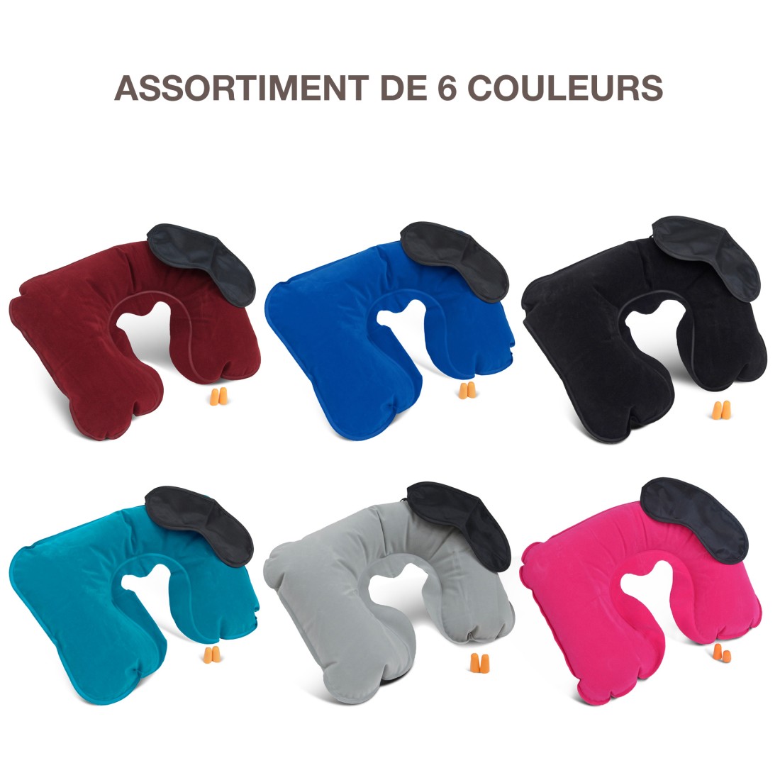 ENSEMBLE VOYAGE COUSSIN GONFLABLE+MASQUE+BOUCHONS+POCHETTE RANGEMENT