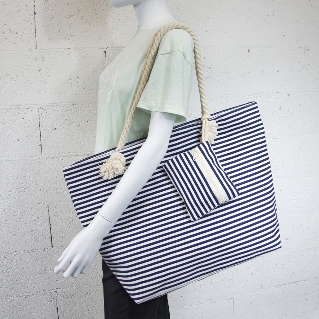 SAC PLAGE + POCHETTE RAYE MARINE
